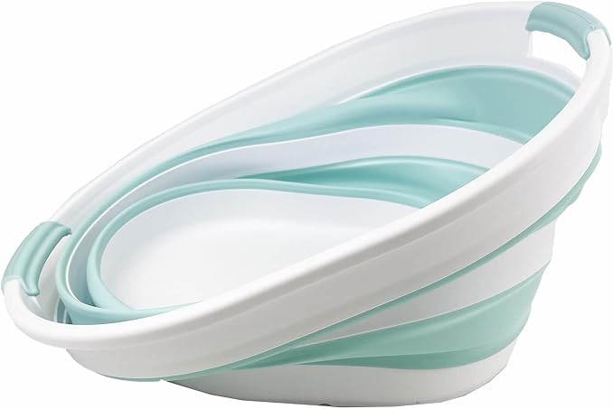 SAMMART 23L (6 Gallons) Collapsible Plastic Laundry Basket - Oval Tub/Basket - Foldable Storage Container/Organizer - Portable Washing Tub - Space Saving Laundry Hamper (White/Lake Green) - Image 3