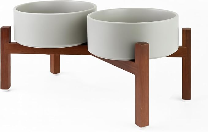 SPUNKYJUNKY Raised Ceramic Dog Bowls Set with Non-Slip Acacia Wood Stand for Medium Sized Dog(42.27 OZ, Gray) by SPUNKYJUNKY