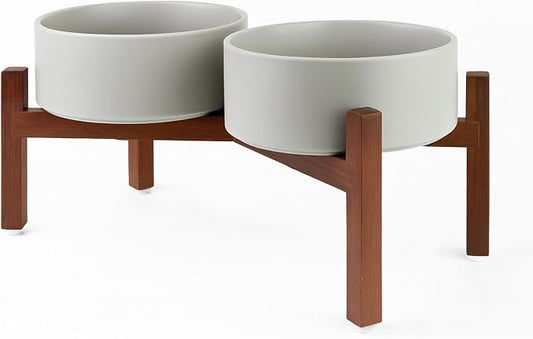 SPUNKYJUNKY Raised Ceramic Dog Bowls Set with Non-Slip Acacia Wood Stand for Medium Sized Dog(42.27 OZ, Gray) by SPUNKYJUNKY