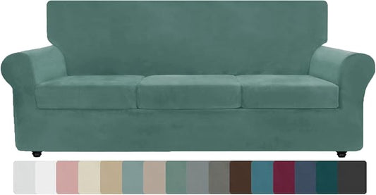 ZNSAYOTX Oversized Velvet Couch Cover 4 Piece (92"-115") Stretch Sofa Covers for 3 Cushion Couch Thick Soft XL-Slipcover with Non Slip Strap, Dog Pet Friendly Nice Furniture Protector (Pea Green) by ZNSAYOTX