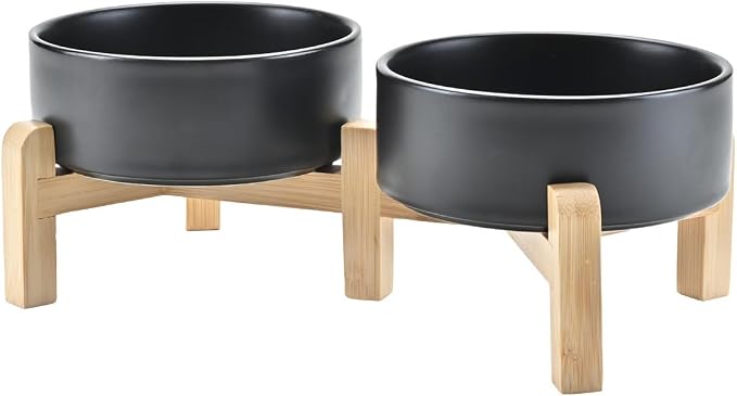 SPUNKYJUNKY Elevated Dog Bowls Ceramic, 5.1'' Dogs and Cat Food Water Bowls Raised with Non-Slip Bamboo Stand for Puppy Small Sized Breed Microwave Dishwasher Safe - 13.5 OZ,Black by SPUNKYJUNKY