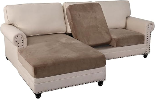 PrinceDeco Sectional Couch Covers 3 Pieces Velvet Sofa Covers L Shape Soft Couch Covers for Sectional Sofa Corner Sofa Cover Couch Cover for Dogs Washable (2 Seater + 1 Chaise,Taupe) by PrinceDeco