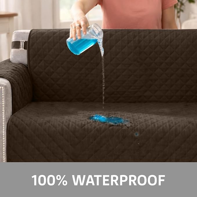 Sofa Shield 100% Waterproof Couch Cover with Patented Straps, Slip & Stain Resistant Furniture Protector, Machine Washable Sofa Slipcover for Dogs Cats Pets Kids, 54 inch Seat, Loveseat, Brown - Image 3