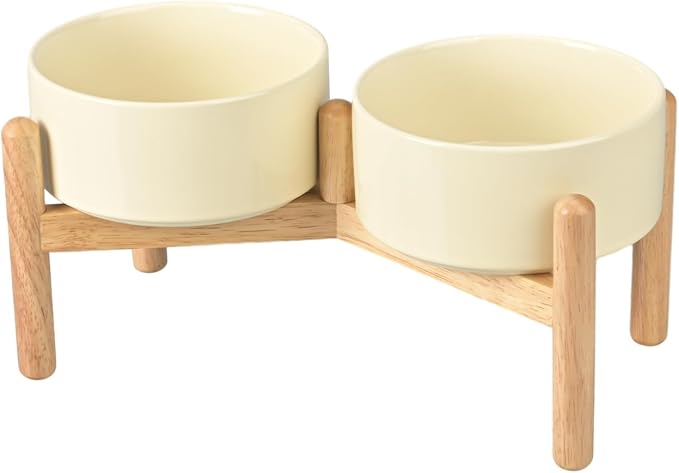 SPUNKYJUNKY Ceramics Raised Dog Bowl with Wooden Stand - Double 28.7OZ Cream White Bowls for Small Medium Dogs by SPUNKYJUNKY