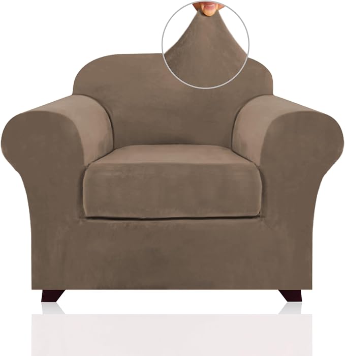 PrinceDeco Velvet Plush Couch Cover Stretch 2 Piece Chair Cover Chair Slipcover Washable Furniture Protector Couch Soft with Elastic Bottom Armchair Cover Width Up to 49 Inch(Small, Mocha) by PrinceDeco