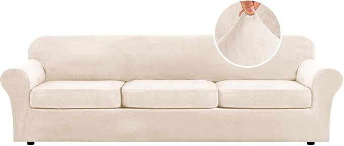 H.VERSAILTEX Modern Velvet Plush 4 Piece High Stretch Sofa Slipcover Furniture Protector Form Fit Velvet Extra Large Sofa Cover for 3 Cushion Couch Width Up to 105 Inch (XL Sofa, Cream) by HVERSAILTEX