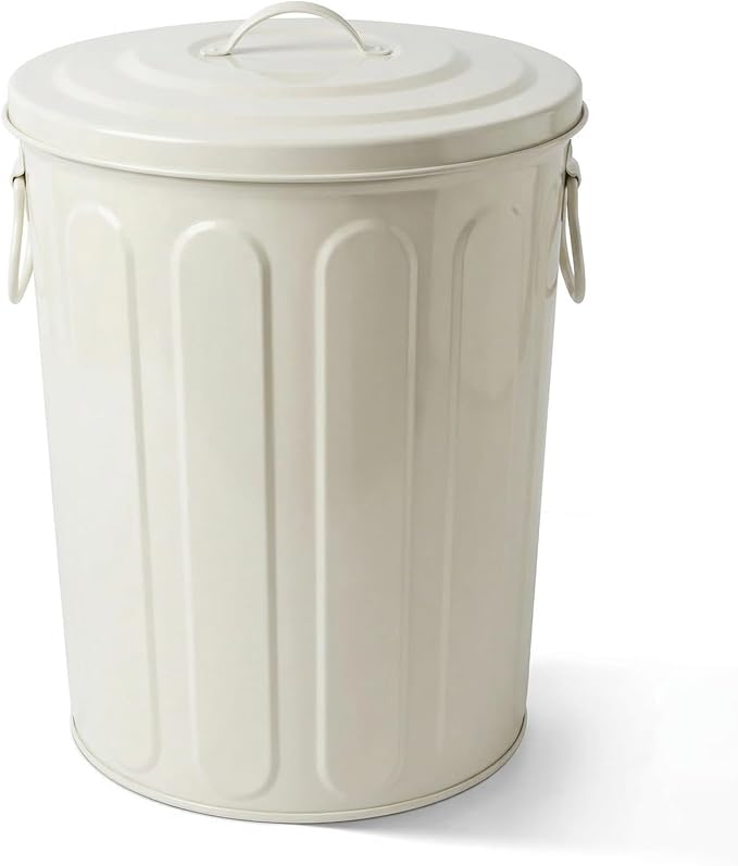Plexon 5 Gallon Small Metal Trash Can with Lid Outdoor Galvanized Steel Bucket with Lid 5 Gal Storage Can for Dog Food Bird Seed Storage Container, Off-White by Plexon