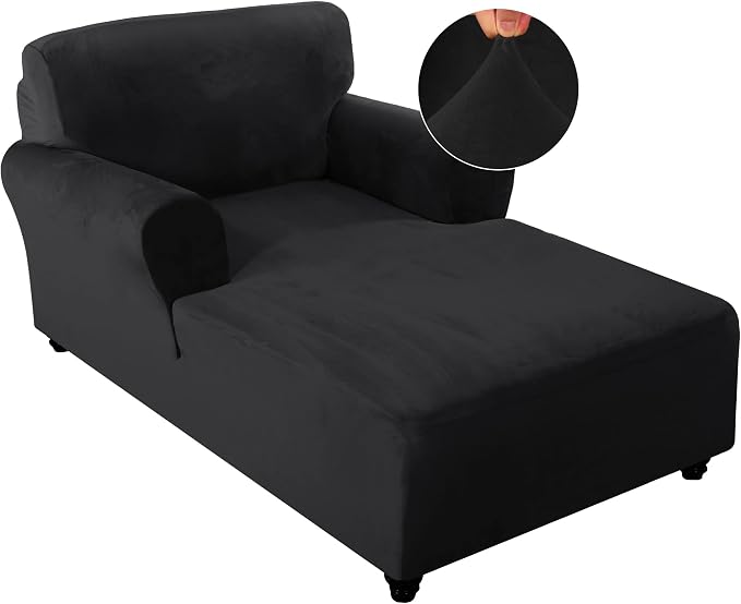 FantasDecor Velvet Chaise Lounge Cover Stretch Double Arm Chair Slipcover for Living Room Bedroom Soft Plush Fabric Machine Washable, Black by FantasDecor