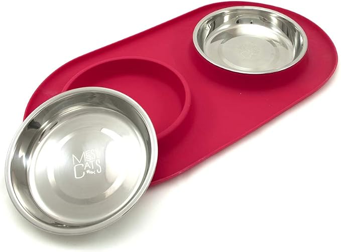 Messy Cats Double Silicone Feeder, Stainless Bowls, 1.75 Cup, Watermelon | Non-Slip Silicone Double Cat Feeder With Two Removable Stainless Steel Saucer Bowls For Food And Water - Image 2