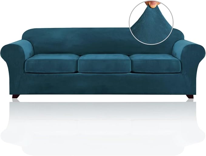 PrinceDeco Velvet Couch Covers for Sofa Soft 4 Pieces Couch Covers for 3 Cushion Couch Sofa Pet Friendly Furniture Protector with Non Slip Elastic Bottom Width Up to 97 Inch (Large Sofas, Deep Teal) by PrinceDeco
