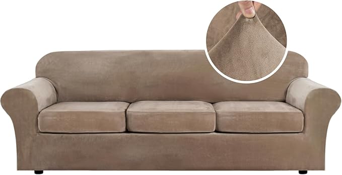 H.VERSAILTEX Velvet Plush 4 Piece High Stretch Sofa Slipcover Cover Furniture Protector Form Fit Thick Velvet Extra Large Sofa Cover for 3 Cushion Couch Width Up to 105 Inch (XL Sofa, Camel) by HVERSAILTEX
