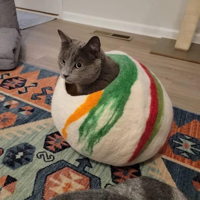 Woolygon Premium Felt Cat Cave Bed – Wool Kitty Beds Handcrafted Kitten Caves Bed for Indoor Cats - Made from Merino Wool, Foldable Cat Hideaway Covered Cat House Pod (Candy Swirl) - Image 3