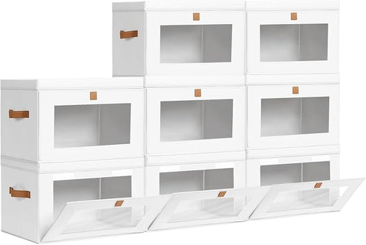 Homsorout Large Closet Storage Bins - Collapsible Clothes Organizer with Handles & Window, Decorative Boxes with Lids, Linen Closet Organizers for Living Room, Dorm, 8 Pack, White by Homsorout