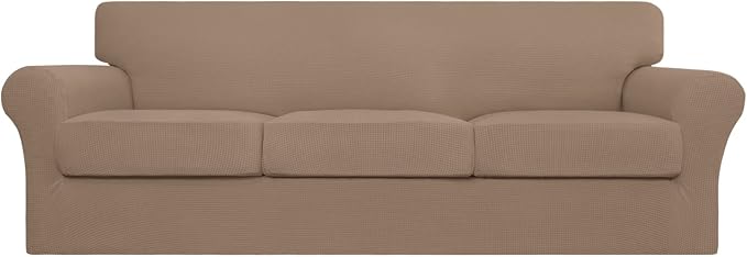 Easy-Going 4 Pieces Stretch Couch Cover Oversized Sofa Cover for Dogs Washable Sofa Slipcover for 3 Separate Cushion Couch Spandex Elastic Furniture Protector for Pets, Kids (Camel, Oversized Sofa) by Easy-Going