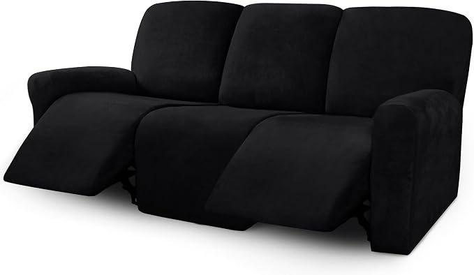 ULTICOR Velvet 8-Pieces Recliner Sofa Covers Stretch Reclining Couch Covers for 3 Cushion Reclining Sofa Slipcovers Furniture Covers Thick Soft Washable (3 Seater Recliner Cover, Black) by ULTICOR