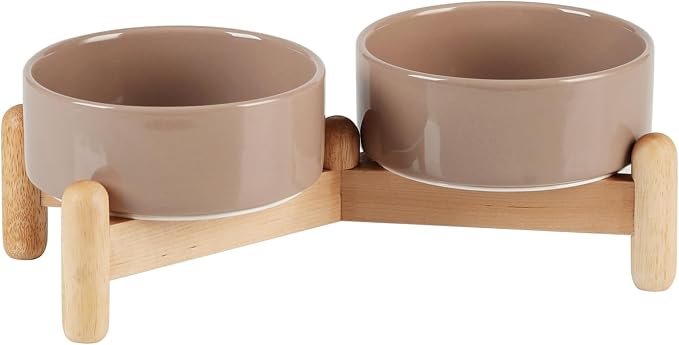 Havniva Elevated Dog Bowls Ceramic Dog Bowls with Stand, Dog Food Bowl | 5.1” Raised Dog Bowls with Non-Slip Wood Stand, Dog Food and Water Bowl Set, Double Dog Feeding Bowls for Small Dogs by Havniva