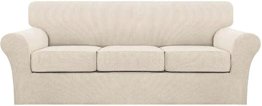 Turquoize 4 Piece Couch Cover Sofa Covers for 3 Cushion Couch Sofa Slipcovers Washable Sofa Cover for Dogs with Individual Couch Cushion Covers Feature Jacquard Fabric(3 Cushion Sofa, Biscotti Beige) by Turquoize