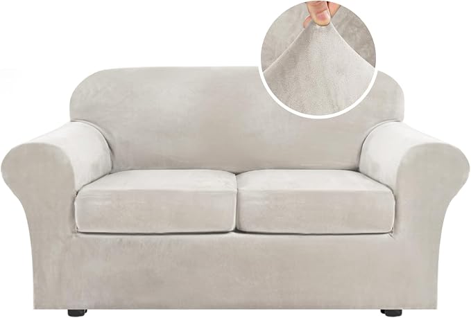 H.VERSAILTEX Real Velvet Plush 3 Piece Stretch Sofa Covers Couch Covers for 2 Cushion Couch Loveseat Covers Width Up to 72 Inch Thick Stay in Place (Medium Sofa, Oatmeal) by HVERSAILTEX