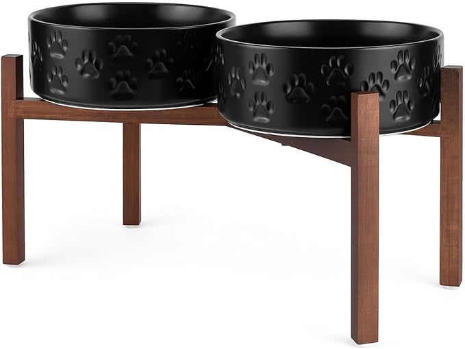 SPUNKYJUNKY Ceramic Elevated Dog Bowl Set with Acacia Wood Stand for Food and Water for Large Dogs (60.87 OZ, Black, Dog Paw Pattern) by SPUNKYJUNKY