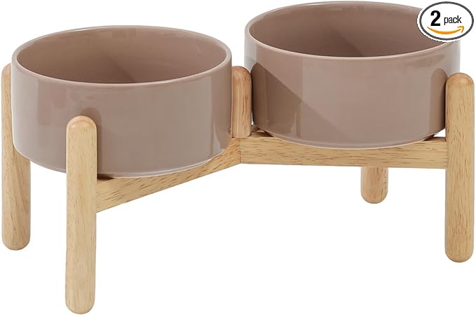 Havniva Elevated Dog Bowls Ceramic Dog Bowls with Stand, Dog Food Bowl | 6.1” Raised Dog Bowls with Non-Slip Wood Stand, Dog Food and Water Bowl Set, Double Dog Feeding Bowls for Small & Medium Dogs by Havniva