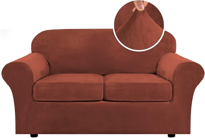 H.VERSAILTEX Real Velvet Plush 3 Piece Stretch Sofa Covers Couch Covers for 2 Cushion Couch Loveseat Covers (Base Cover Plus 2 Individual Cushion Covers) Thick Stay in Place (Medium Sofa, Rust) by HVERSAILTEX