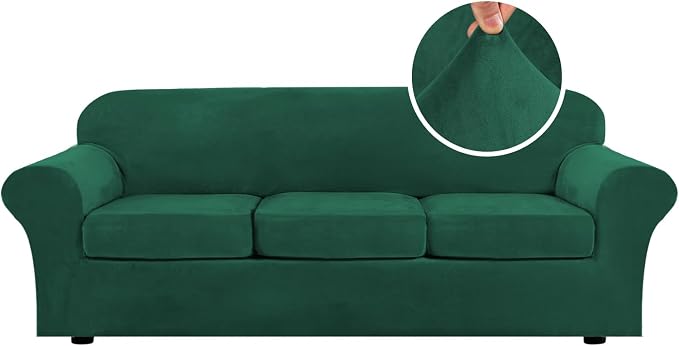 H.VERSAILTEX High Stretch Sofa Slipcover 4 Piece Cover Velvet Furniture Protector Form Fit Thick Velvet Extra Large Sofa Cover for 3 Cushion Couch Width Up to 97 Inch (Large Sofa, Green) by HVERSAILTEX