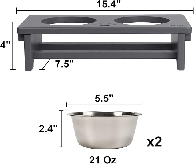 HTB Elevated Dog Bowl Stand with 2 Stainless Steel Bowls-4" H Small Grey | Raised Dog Bowl Stand, 4"tall, 21 Oz Bowls, for Small Sized Dogs, Pet-safe, Solid Bamboo - Image 5