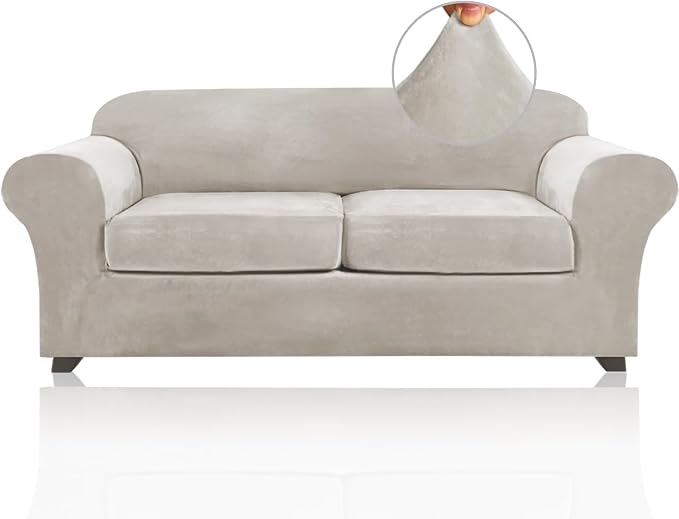 PrinceDeco Couch Cover Velvet Plush Sofa Covers for 2 Cushion Couch Width Up to 90 Inch Washable Furniture Protector Pet Friendly No Slip Sofa Slipcover(Medium-Large, Oatmeal) by PrinceDeco