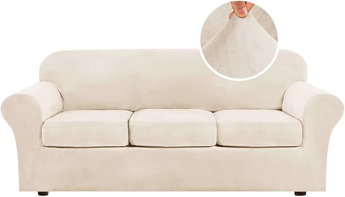 H.VERSAILTEX Modern Velvet Plush 4 Piece High Stretch Sofa Slipcover Sofa Cover Furniture Protector Form Fit Thick Velvet Sofa Cover for 3 Cushion Couch Width Up to 90 Inch (Sofa, Cream) by HVERSAILTEX