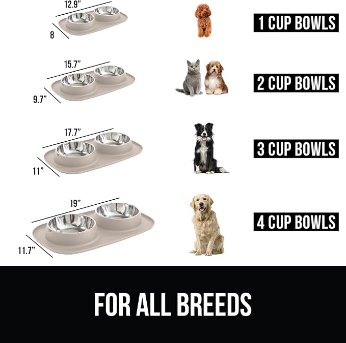 GORILLA GRIP Dog Bowl Set with Slip Resistant Silicone Feeding Mat, Food Grade 304 Stainless Steel Bowls, BPA Free, High Edge Spill Containment, Dishwasher Safe, Finger Notch Removal, 1 Cup, Beige - Image 3