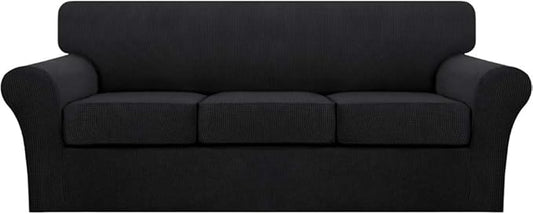Turquoize 4 Piece Sofa Covers for 3 Cushion Couch Sofa Slipcover Soft Couch Cover for Dogs Washable Furniture Cover with 3 Individual Large Cushion Covers Feature Fabric (Large Sofa, Black) by Turquoize