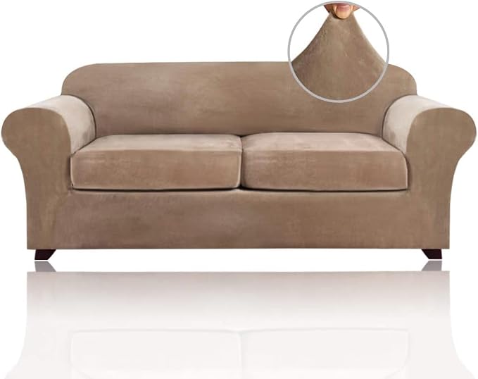 PrinceDeco Couch Cover Velvet Plush Sofa Covers for 2 Cushion Couch Width Up to 90 Inch Washable Furniture Protector Pet Friendly No Slip Sofa Slipcover(Medium-Large, Camel) by PrinceDeco
