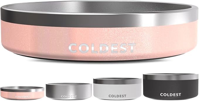 Coldest Dog Bowl - Anti Rust Metal, Non Slip, 3 Layers Insulated Stainless Steel Dog Bowls - Spill Proof & Heavy Duty - Water Bowl for Dogs, Cats & Pets, Dish Washer Safe (21 oz, Forever Pink Glitter) by Coldest