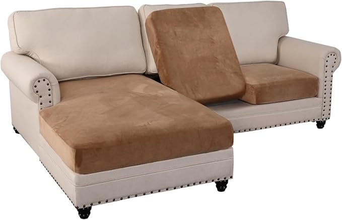 PrinceDeco Sectional Couch Covers 3 Pieces Velvet Sofa Covers L Shape Soft Couch Covers for Sectional Sofa Corner Sofa Cover Couch Cover for Dogs Washable (2 Seater + 1 Chaise,Camel) by PrinceDeco