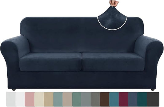 ZNSAYOTX Oversized Velvet 3 Piece Couch Cover with 2 Extra Large Seat Cushion Covers Stretch Sofa Cover for 2 Cushion Couch Thick Loveseat Sofa Slipcover for Living Room (Navy), 72"-92"(2 Cushions) by ZNSAYOTX