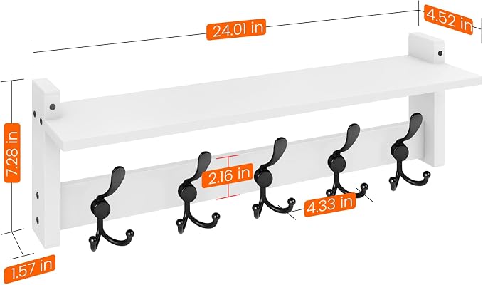 Homode Wall Shelf with Hooks, 24 Inch Coat Rack with Tri Hooks | Farmhouse Entryway Floating Coat Hanger with Storage for Bathroom, Entry Way, Mudroom, White - Image 8