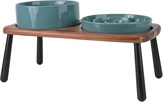 SPUNKYJUNKY Ceramic Elevated Dog Bowls with Slow Feeder Raised Acacia Bamboo Wooden Stand, 8.3'' Dog Food Water Bowls Set Non-Slip for Medium Large Sized Breed Microwave Dishwasher Safe - Dark Green by SPUNKYJUNKY