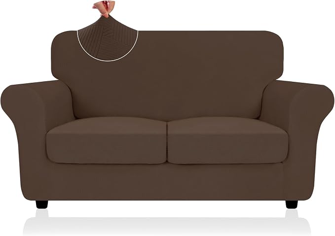 ZNSAYOTX 3 Piece Stretch Loveseat Covers (55"-69"), Thick Striped Sofa Covers for 2 Cushion Couch with Elastic Band Bottom Ties Non-Slip Stay in Place, Soft Durable Love Seat Slipcovers, Coffee by ZNSAYOTX