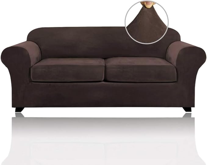 PrinceDeco Couch Cover Velvet Plush Sofa Covers for 2 Cushion Couch Width Up to 90 Inch Washable Furniture Protector Pet Friendly No Slip Sofa Slipcover(Medium-Large, Brown) by PrinceDeco
