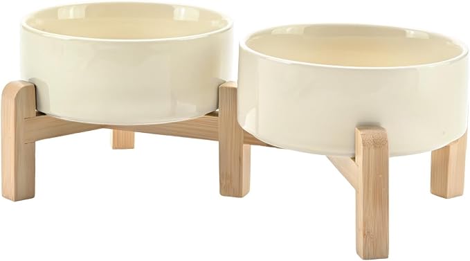 SPUNKYJUNKY Elevated Dog Bowls Ceramic, 5.1'' Dogs and Cat Food Water Bowls Raised with Non-Slip Bamboo Stand for Puppy Small Sized Breed Microwave Dishwasher Safe - 13.5 OZ,Beige by SPUNKYJUNKY
