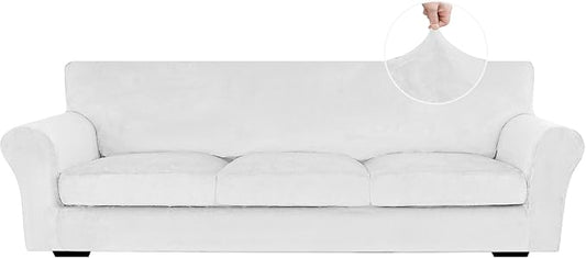XINEAGE 4-Piece Velvet Oversize Sofa Cover, Couch Covers for Dog,White | 3 Cushion Large Sofa,Stretch Non-slip Elastic, Pet-friendly, Washable, Fast Setup, Soft Plush Fabric, Furniture Protector. by XINEAGE
