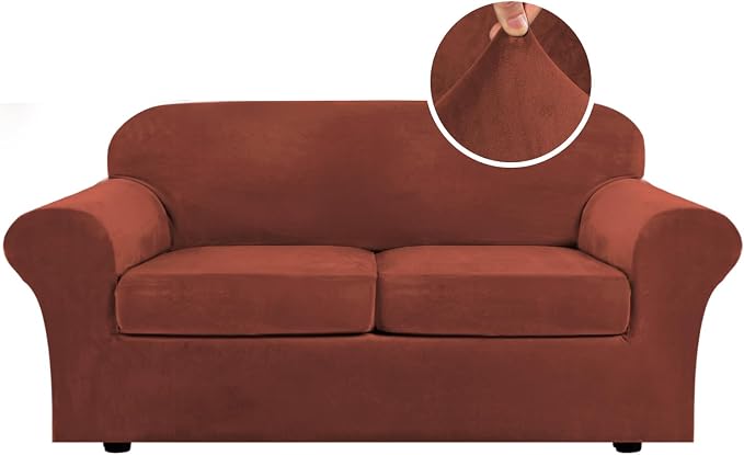 H.VERSAILTEX Real Velvet Plush 3 Piece Stretch Sofa Covers Couch Covers for 2 Cushion Couch Sofa Slipcovers (Base Cover Plus 2 Large Cushion Covers) Thick Soft Stay in Place (Large Sofa, Rust by HVERSAILTEX