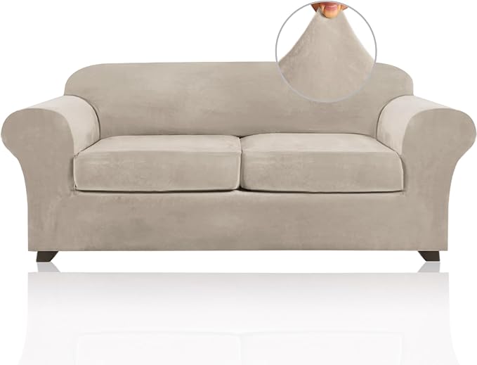 PrinceDeco Couch Cover Velvet Plush Sofa Covers for 2 Cushion Couch Width Up to 90 Inch Washable Furniture Protector Pet Friendly No Slip Sofa Slipcover(Medium-Large, French Oak) by PrinceDeco