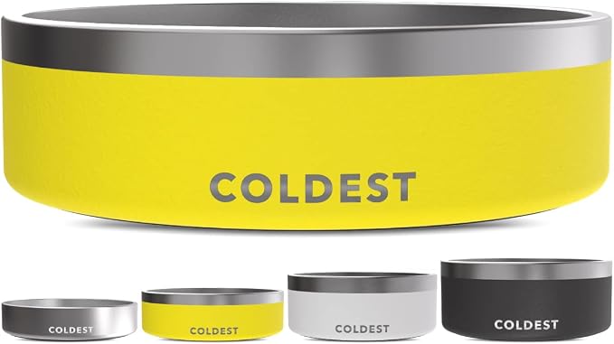 Coldest Dog Bowl - Anti Rust Metal, Non Slip, 3 Layers Insulated Stainless Steel Dog Bowls - Spill Proof & Heavy Duty - Water Bowl for Dogs, Cats & Pets, Dish Washer Safe (42 oz, Solar Yellow) by Coldest