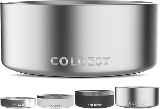Coldest Dog Bowl - Anti Rust Metal, Non Slip, 3 Layers Insulated Stainless Steel Dog Bowls - Spill Proof & Heavy Duty - Water Bowl for Dogs, Cats, Dish Washer Safe (100 oz,Polished Stainless Steel) by Coldest