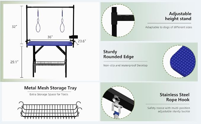 Professional Dog Pet Grooming Table Adjustable Heavy Duty Portable w/Arm & Noose & Mesh Tray (36", Blue) - Image 8