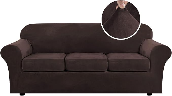 H.VERSAILTEX Modern Velvet Plush 4 Piece High Stretch Sofa Slipcover Cover Form Fit Luxury Thick Velvet Extra Large Sofa Cover for 3 Cushion Couch Width Up to 105 Inch (XL Sofa, Brown) by HVERSAILTEX