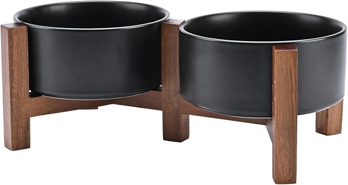 SPUNKYJUNKY Ceramic Dog Bowls with Acacia Wood Stand - Raised Dog Food and Water Bowl Set for Medium Dogs (28.74 OZ, Black) by SPUNKYJUNKY