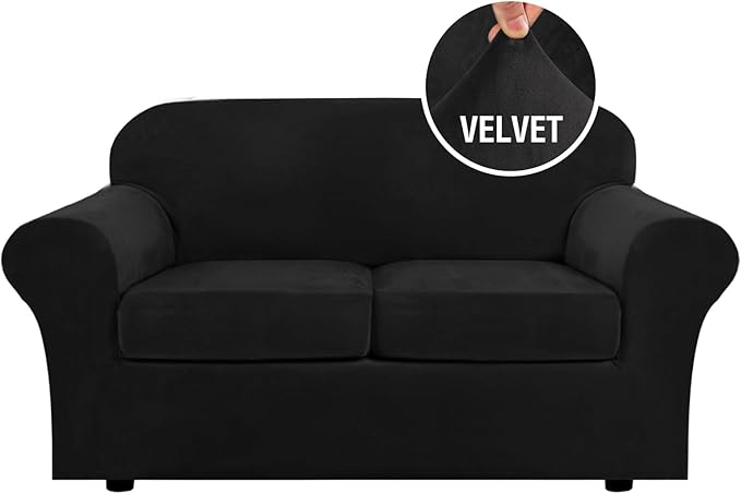 H.VERSAILTEX Real Velvet Plush 3 Piece Stretch Sofa Covers Couch Covers for 2 Cushion Couch Loveseat Covers Width Up to 72 Inch Feature Thick Soft Stay in Place (Medium Sofa, Black) by HVERSAILTEX
