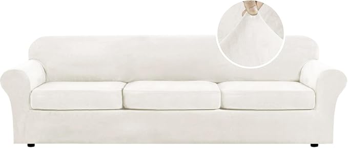 H.VERSAILTEX Modern Velvet Plush 4 Piece High Stretch Sofa Slipcover Furniture Protector Form Fit Velvet Extra Large Sofa Cover for 3 Cushion Couch Width Up to 105 Inch (XL Sofa, Porcelain White) by HVERSAILTEX